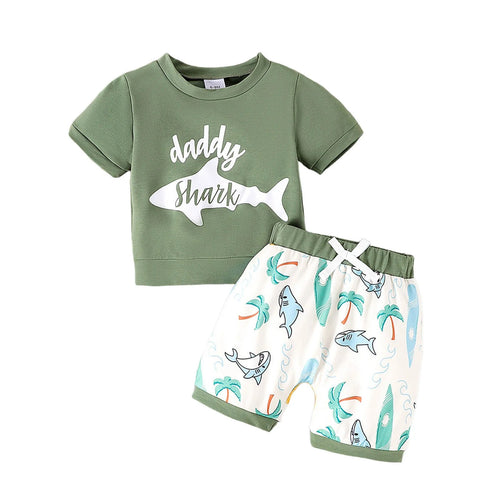 Toddler Boy Summer Shorts Set 2 Piece Spring Summer Kids Beach Shrk Letter Green Short Sleeve + Coconut Shorts Hawiian Style Suit Clothes Set Outfits,Size 6-9 Months