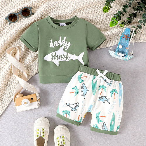 Toddler Boy Summer Shorts Set 2 Piece Spring Summer Kids Beach Shrk Letter Green Short Sleeve + Coconut Shorts Hawiian Style Suit Clothes Set Outfits,Size 12-18 Years